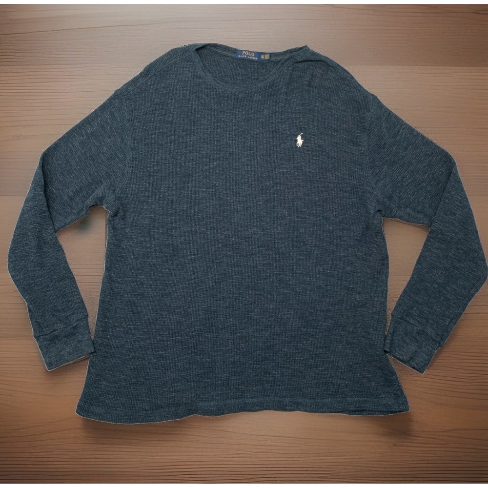 Polo Ralph Lauren Shirt Men XLT Blue Waffle Knit Thermal Long Sleeve Crew Neck